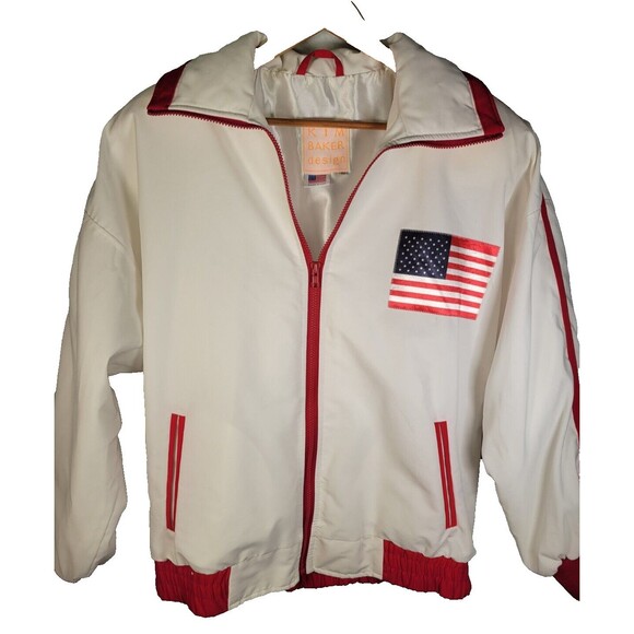 VTG USA Flag Satin Bomber Jacket Mens MEDIUM LARGE Kim Baker Design White - Picture 1 of 12